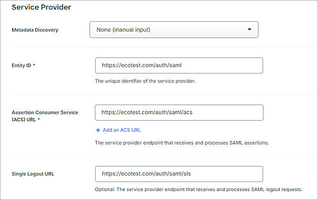 Screenshot of Duo, SSO Service Provider config
